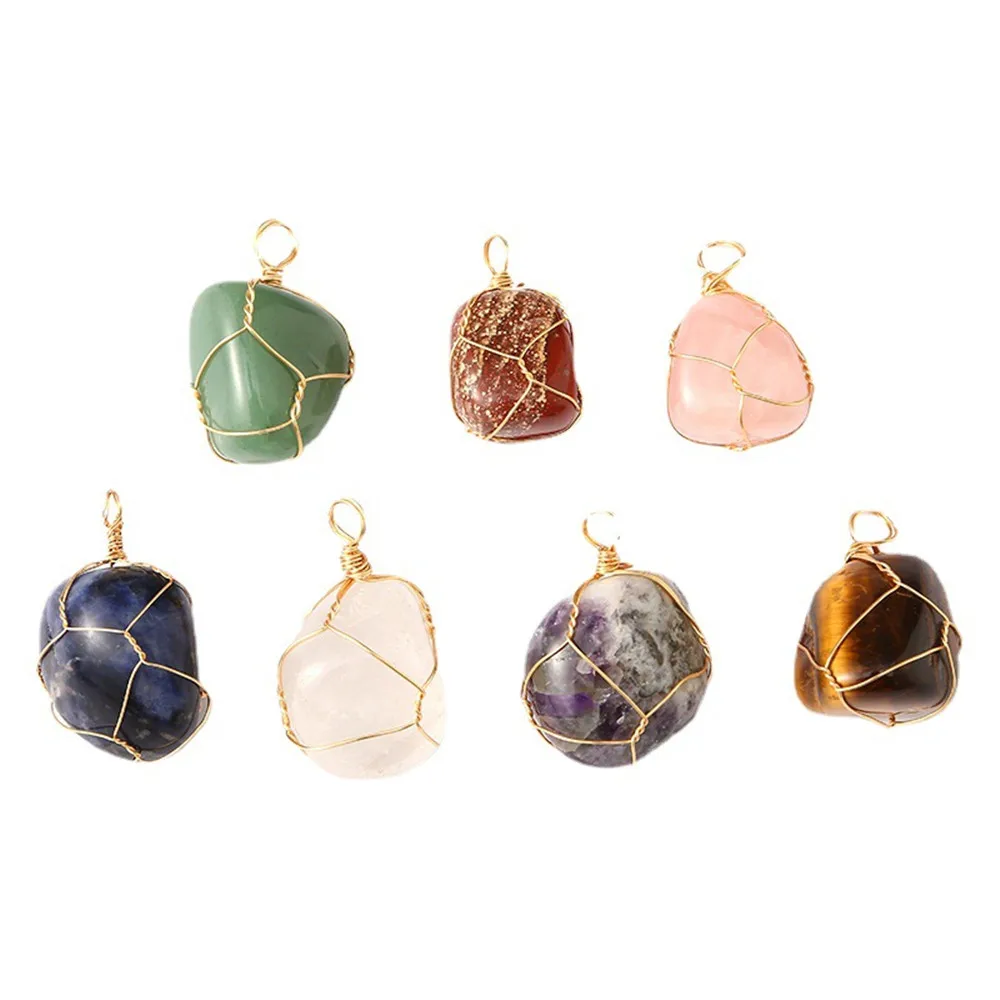 

1pcs Natural Quartz Tumbled Stone Wire Wrap Pendants Amethysts Crystal Healing Gem For Jewelry Making Diy Necklace