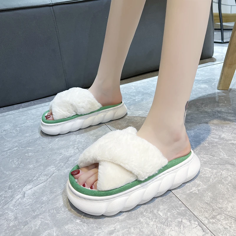 Женские меховые плюшевые тапки, Нескользящие домашние тапочки на толстой подошве, всесезонные, из хлопка, 2022
