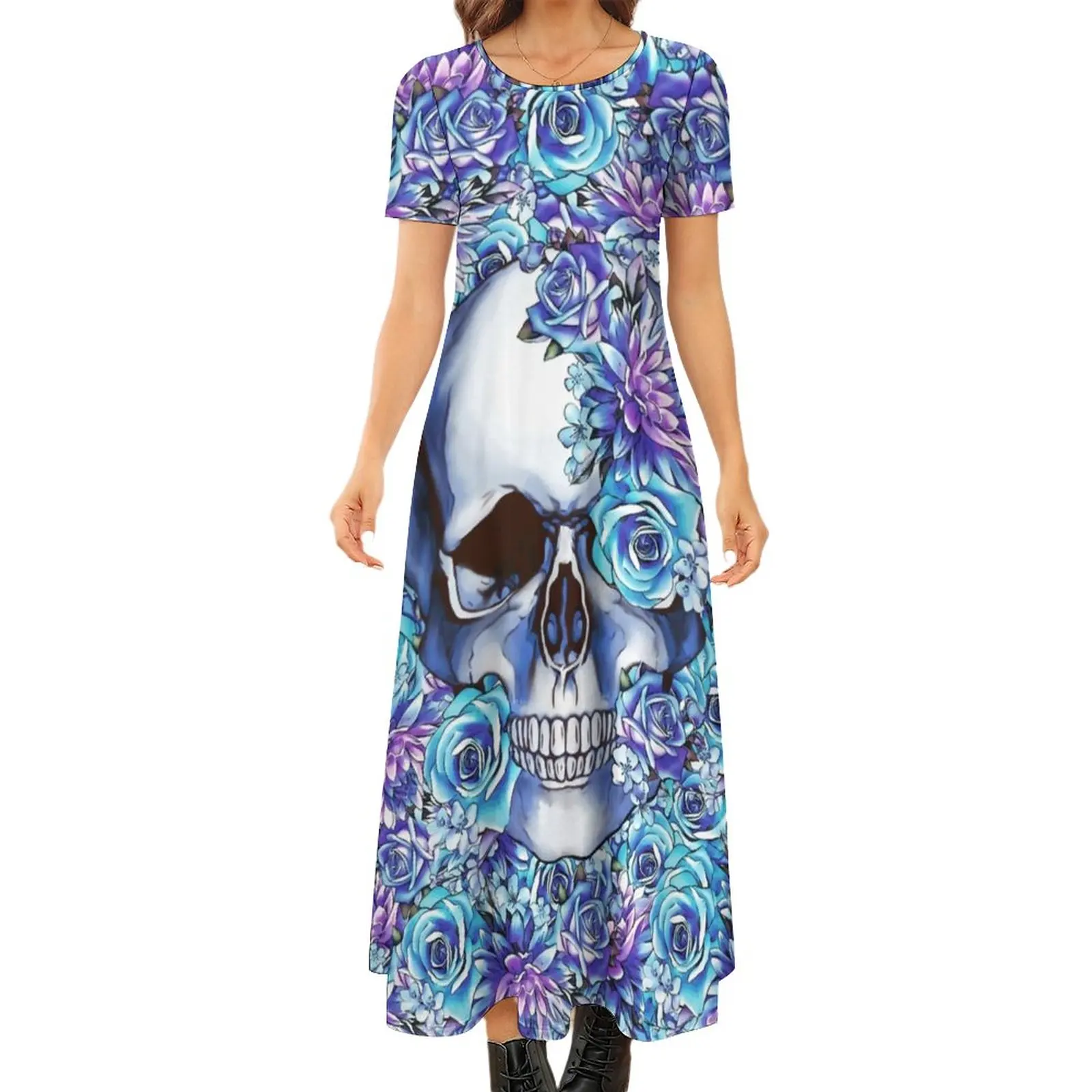 

Skeleton Print Dress Sugar Skull Blue Floral Street Wear Bohemia Long Dresses Female Trendy Maxi Dress Big Size 6XL 7XL