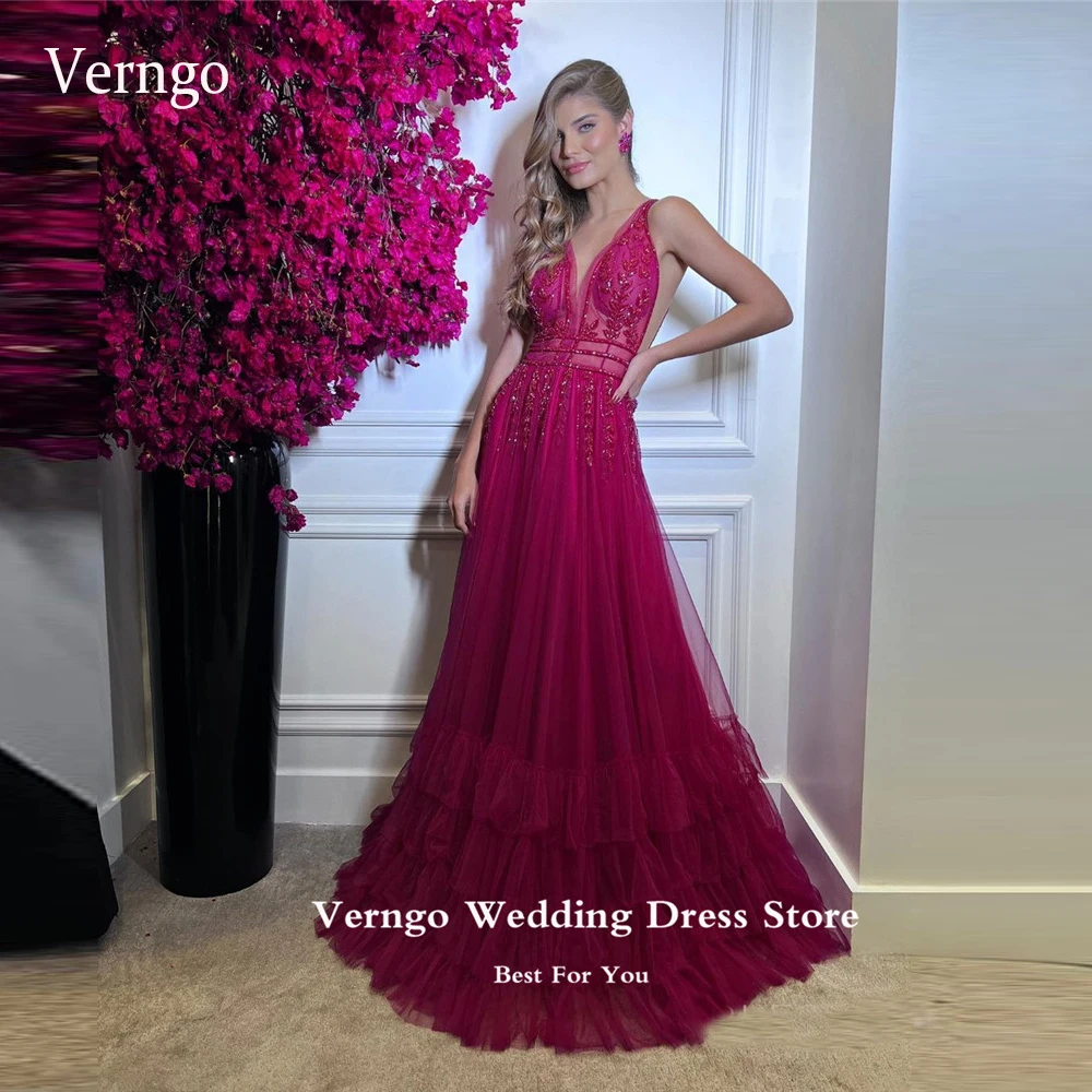 

Verngo Fuschia Tulle Long Prom Dresses Embriodery V Neck Tiered Sexy Women Evening Gowns Arabic Abendkleider Robe de soiree