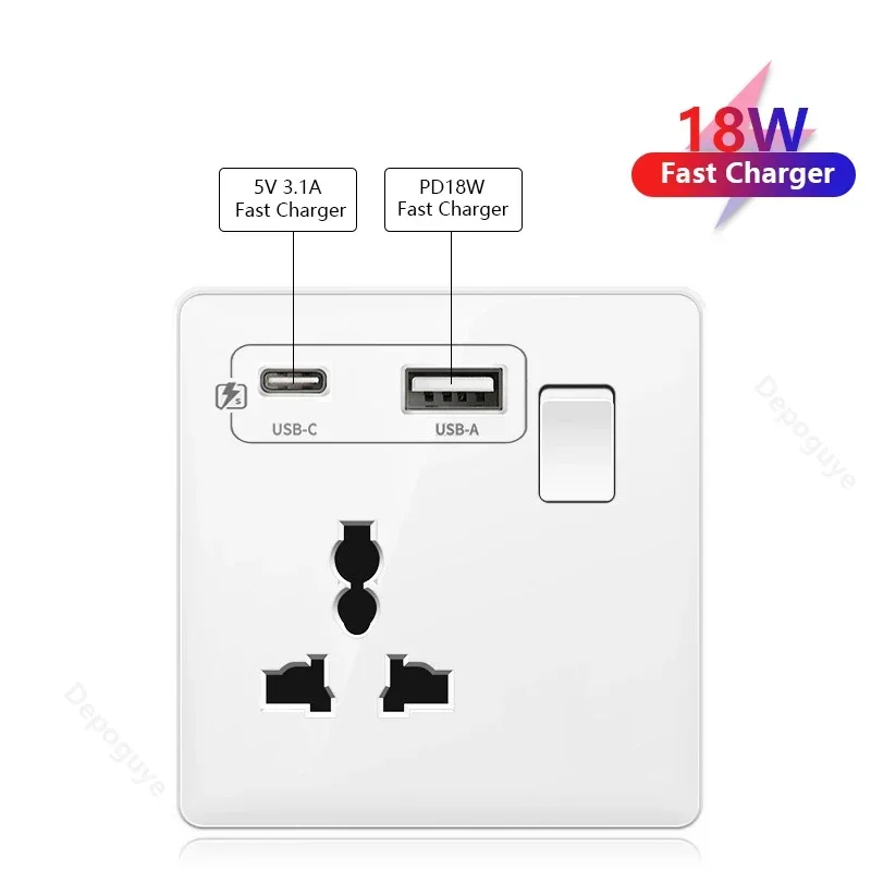 Фото Универсальная 5-контактная розетка с двумя USB-портами, белая умная розетка 18 Вт для быстрой зарядки с разъемом типа C, настенная электрическая розетка стандарта Великобритании, 220 В №3