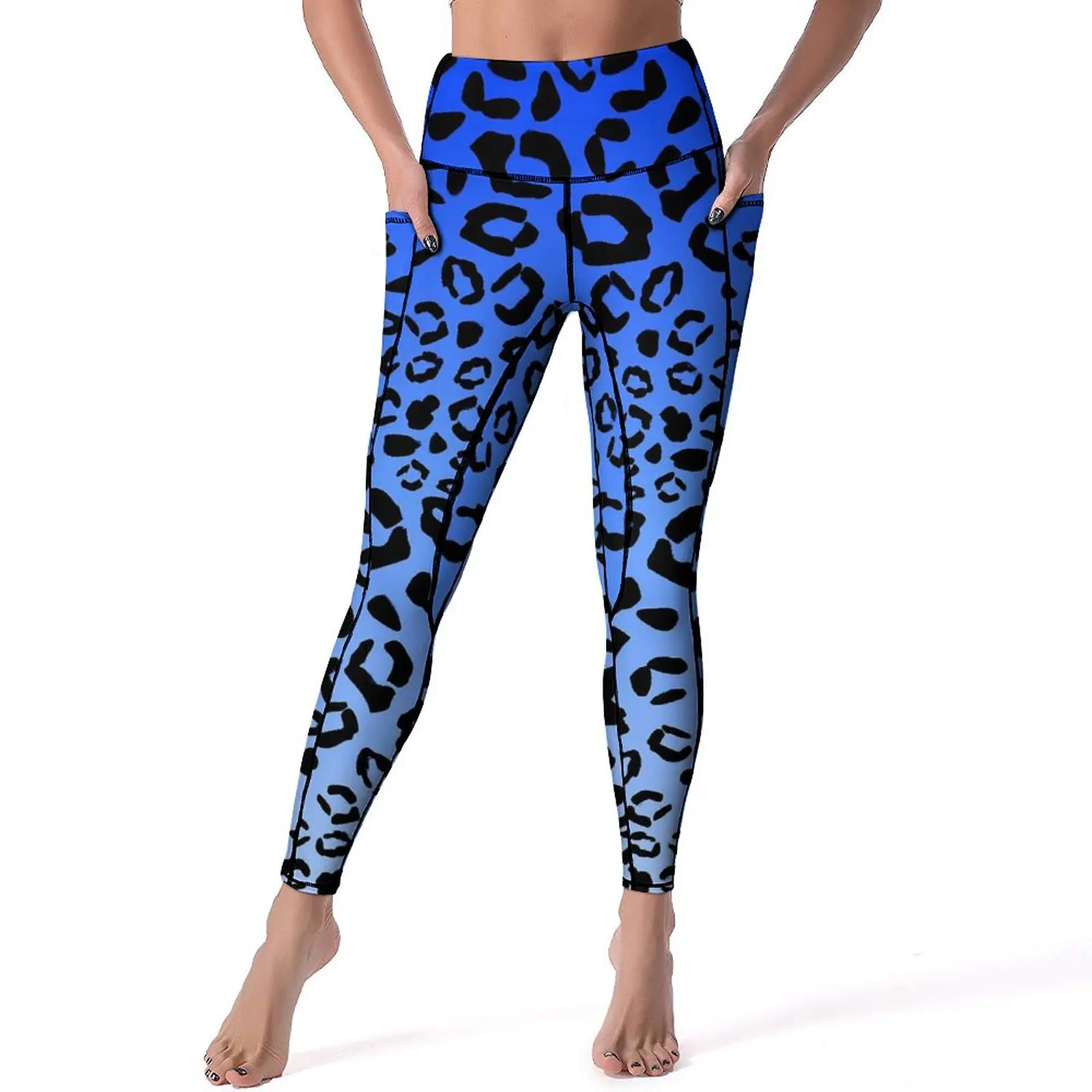 

Blue Ombre Yoga Pants Pockets Cheetah Print Leggings Sexy High Waist Novelty Yoga Sports Tights Elastic Graphic Workout Leggins