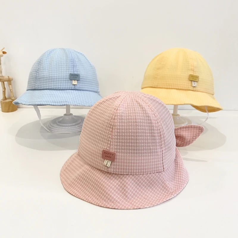 Pink White Plaid Bucket Hat Girls Cute Bowknot Autumn Summer Beach Sun Cap For Baby Fishman Panama Hats Toddler