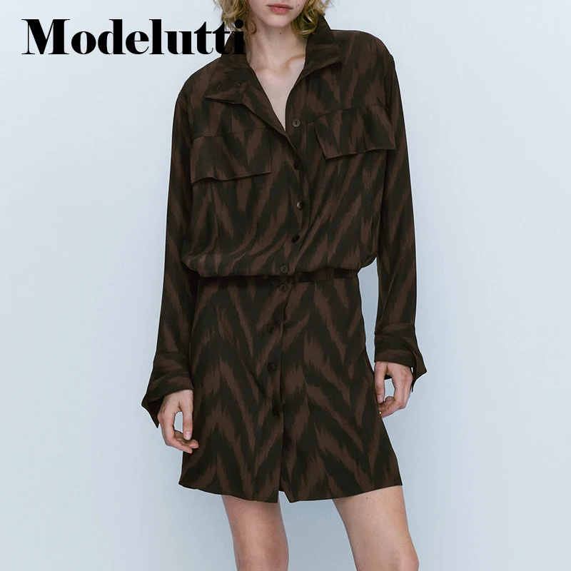 

Modelutti 2023 New Women Spring Fashion Long Sleeve Loose Zebra Printed Shirt Dresses Simple Casual Mini Dresses Female Chic