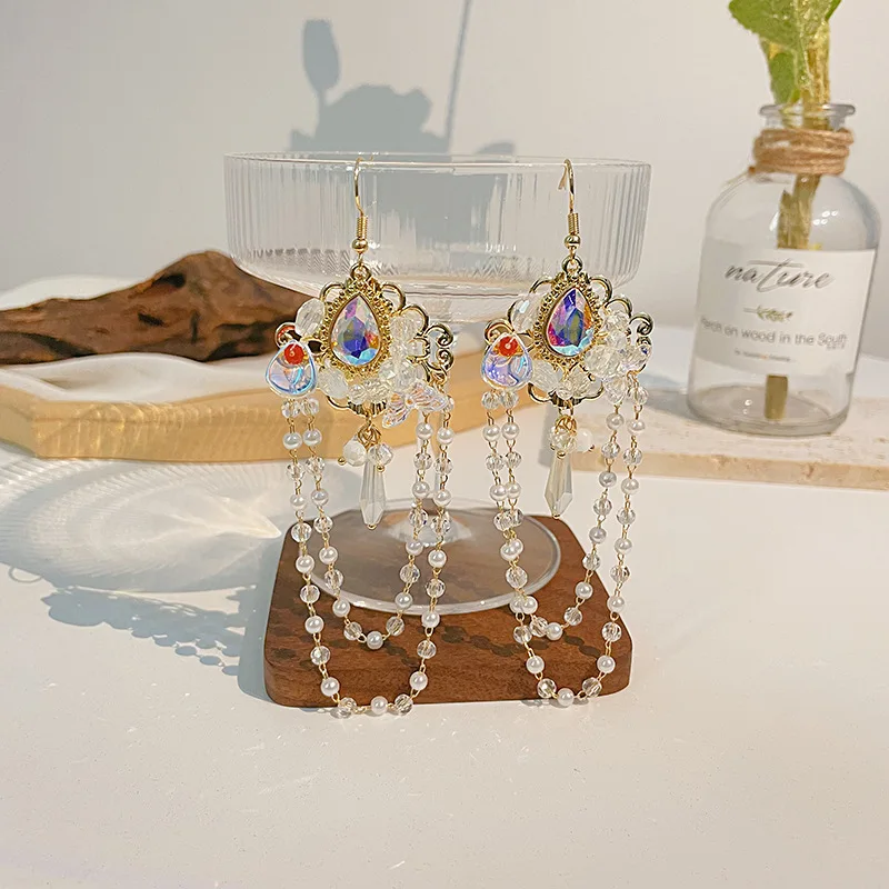 

Retro Light Luxury Glass Rhinestone Pendant Earrings Elegant Temperament Pearl Tassel Earrings High Quality Jewelry Jewelry