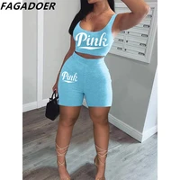 fagadoer casual sporty shorts tracskuit women pink letter print sleeveless vest and biker shorts two piece summer matching suits