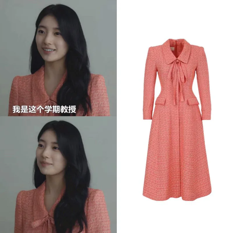 2022 Korean Drama TV Star 수지 Tweed Dress French Vintage Temperament Women Long Dresses Office Lady Long Sleeve Dress Outwear