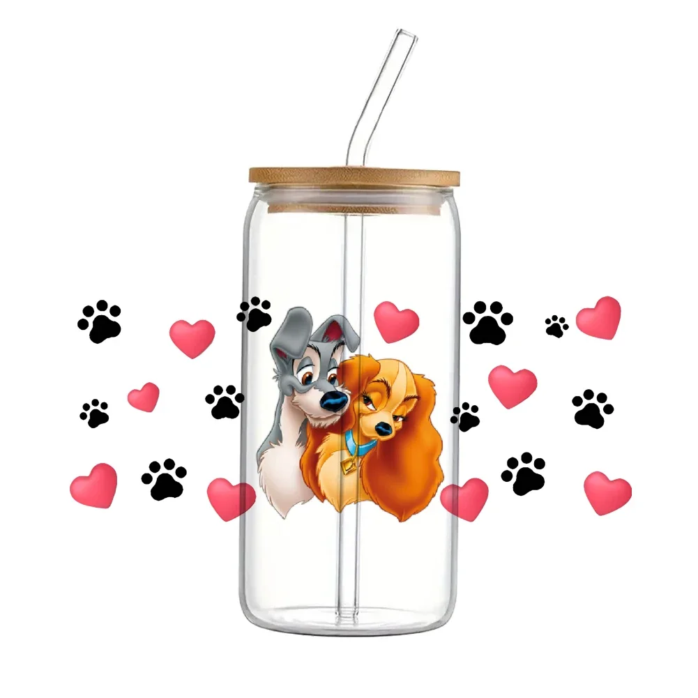 w postaci kreskówki Disney Lady And The Tramp UV DTF Transfer Sticker Wodoodporne naklejki transferowe do naklejek na szklane kubki o pojemności 16