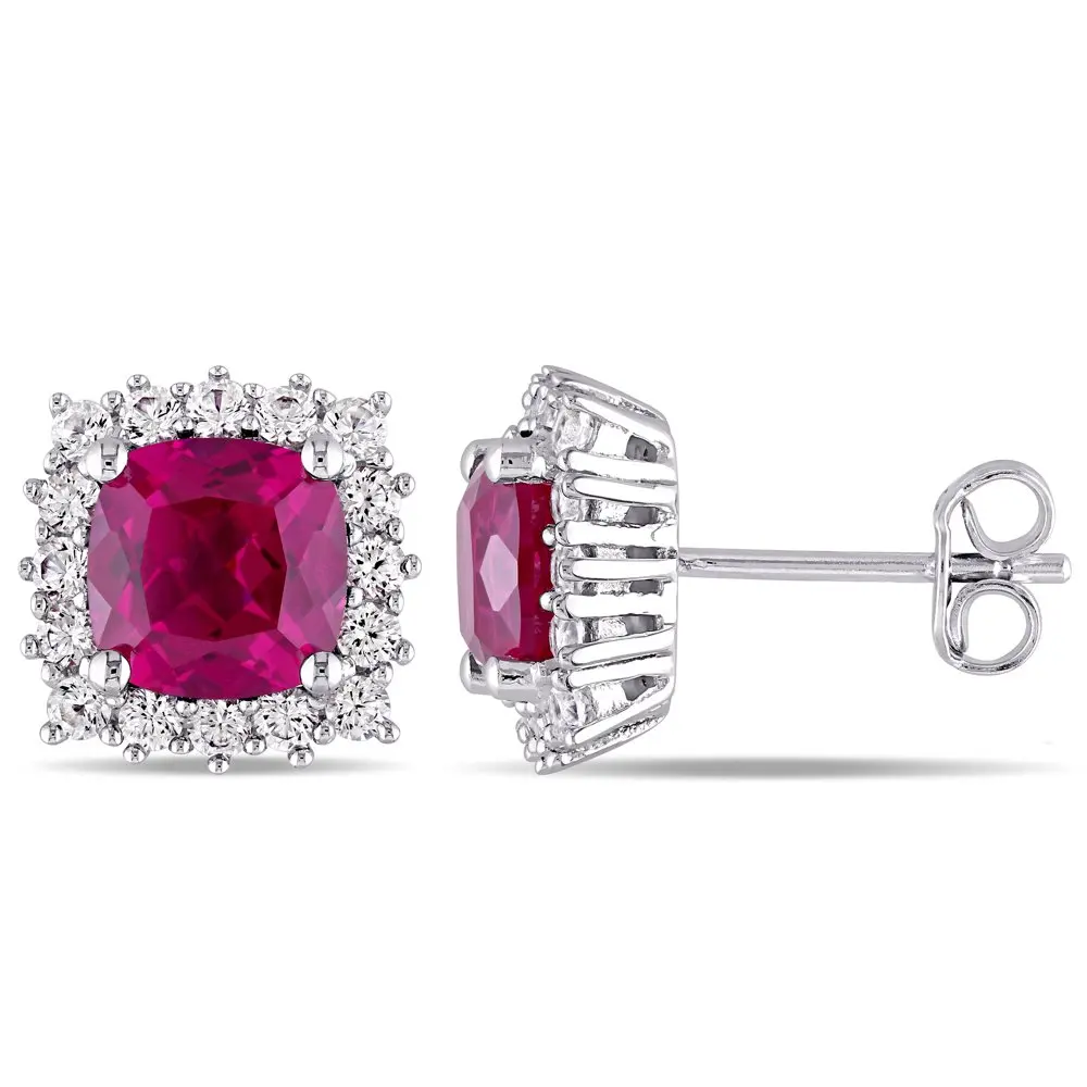 

Women`s 4-7/8 Carat T.G.W. Cushion-Cut Created Ruby and Round-Cut Created White Sapphire Sterling Silver Halo Stud Earrings