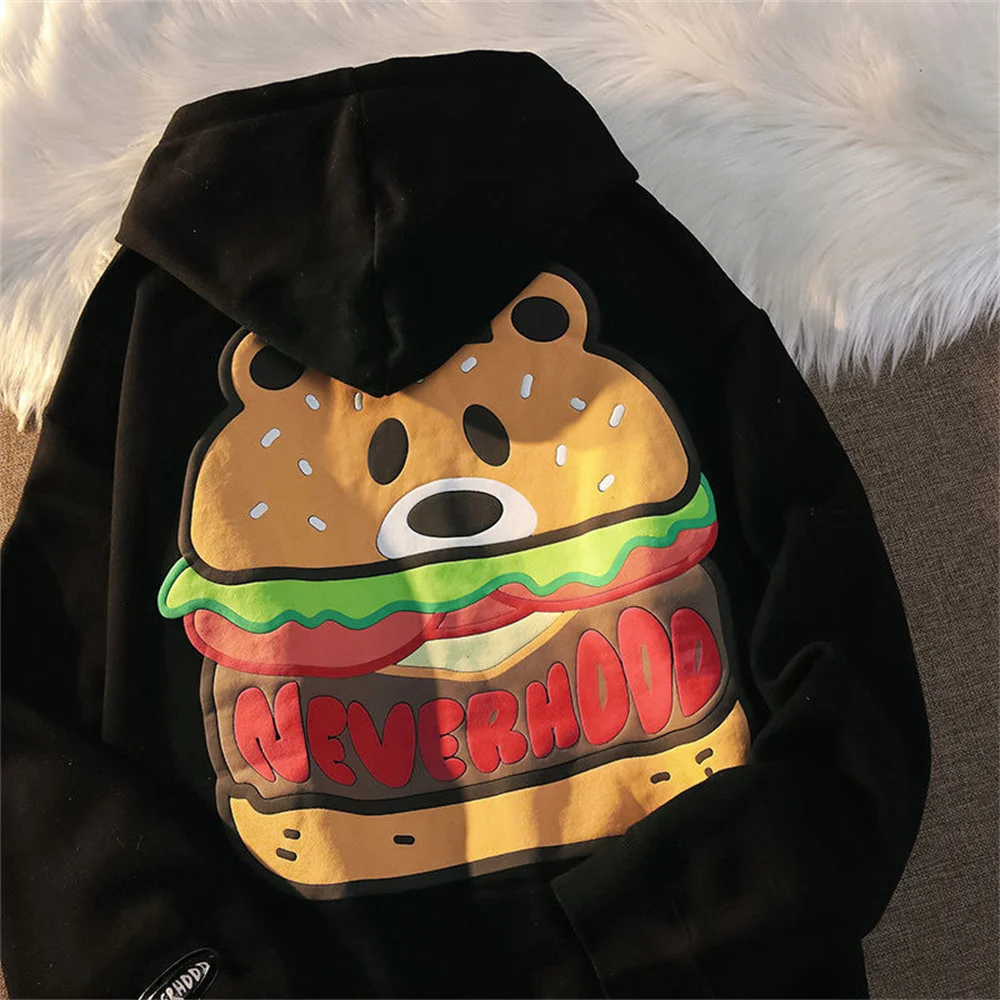 

Модный черный мужской свитер с капюшоном в американском ретро-стиле с медведем и бургером для студентов мужское осенне-зимнее Новое Свобод...