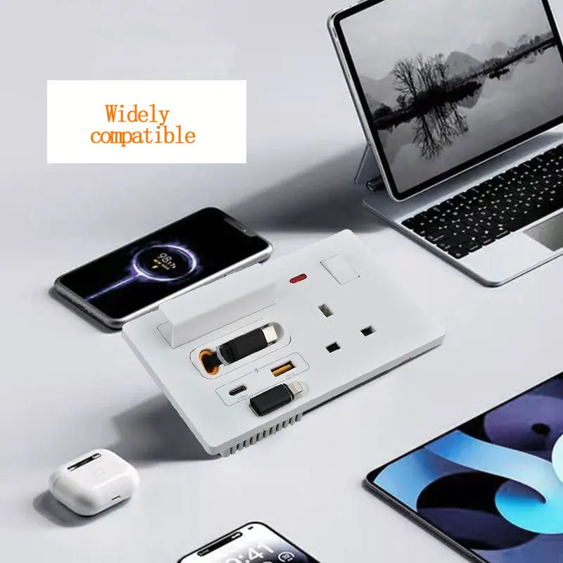 Фото Розетка 146 Type 1Gang с британской 3-контактной розеткой 13А и USB Type-C 20W с быстрой зарядкой на основе нитрида галлия, со встроенным выдвижным кабелем 80 см. №3