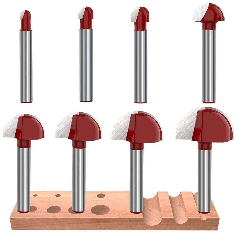 

8Pcs 1/4Inch Shank Cove Box Router Bit Cutting Diameter Solid Carbide Double Flute Core Box Round Nose Woodworking Tool