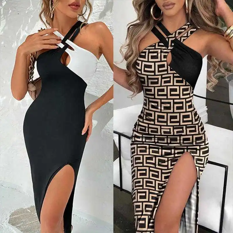 

Tong Summer Casual Dresses Womens Clothing Contrasting Color With Slits Halter Dress