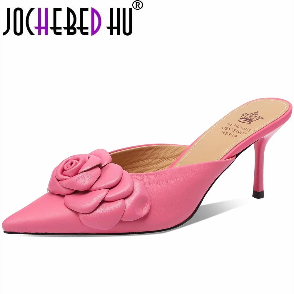

【JOCHEBED HU】Plus Size 33-40Women's Shoes Pointed Toes Shallow Sandals Flower Decoration Design Sandals Genuine Leather Shoes