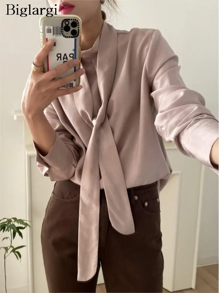 

Autumn Pullover Tops Women BOW Fashion Office Korean Style Loose Pleated Ladies Blouses Long Sleeve Casual Woman Tops 2023
