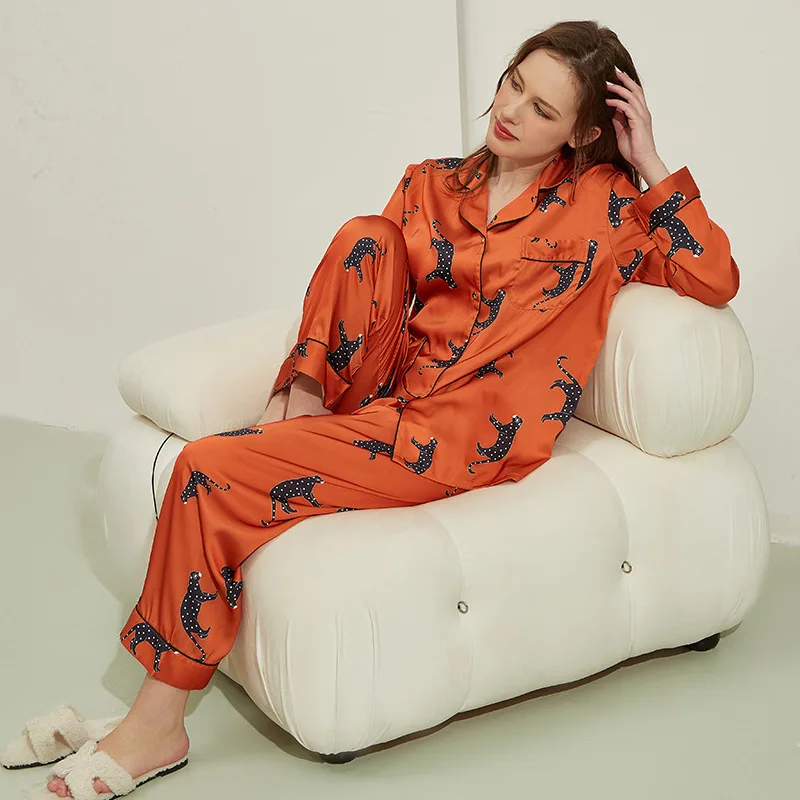Autumn Winter Women 2-Pieces Pyjamas Elegant Animal Patterns Sleepwear Silk Satin Print Luxury Nightwear Homewear Set