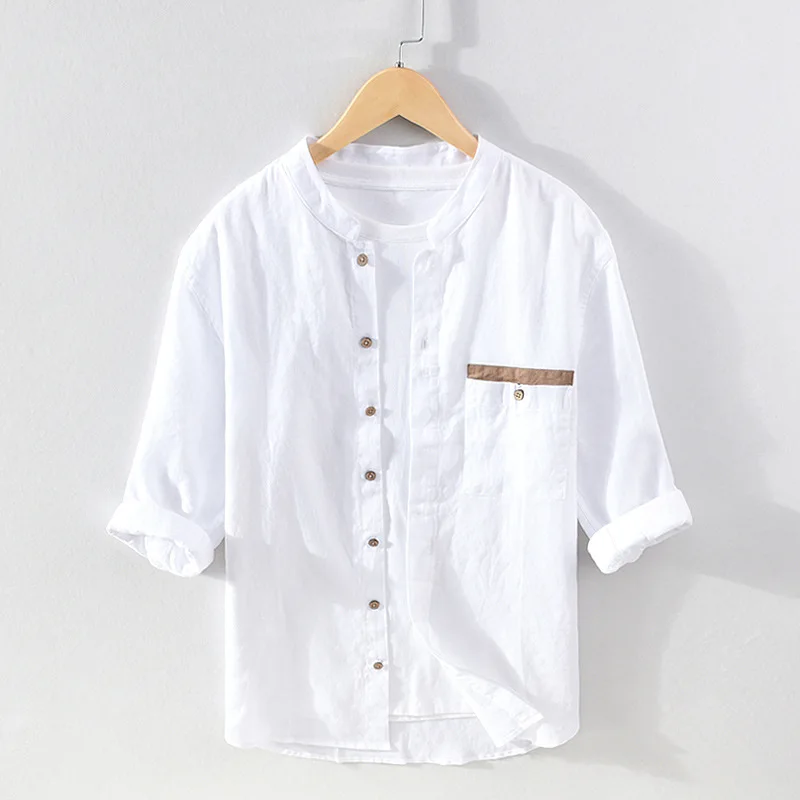 

Рубашка Мужская льняная с рукавом 100% и воротником-стойкой