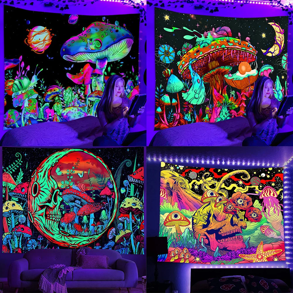 

Blacklight Tapestry Wall Hanging Skull Moon Mushroom UV Reactive Neon Trippy Home Aesthetic Cloth Bedroom Room Decor Tapiz