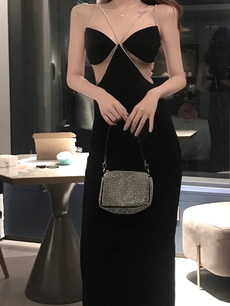 Гонконгский стиль модных дам с сочетанием двойных бриллиантовых ремешков, сексуальное платье с глубоким V-образным вырезом на спине и открытым поясом в талии, летнее длинное платье.
