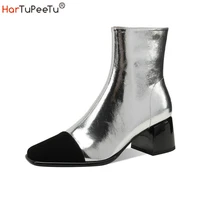 patchwork silver ankle boots women chunky heels real leather fashion autumn winter 2022 new girls comfy modern shoes