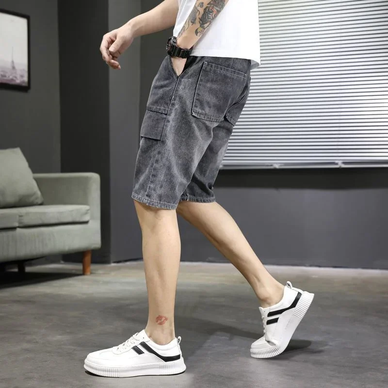 Короткие джинсовые брюки для мужчин Длинные мужские шорты до колена серые