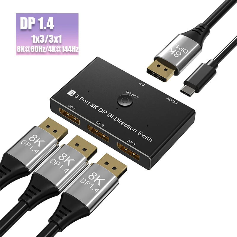 8K при 60 Гц DisplayPort 1x3/3x1 двунаправленный коммутатор 3-портовый разветвитель DP 1.4