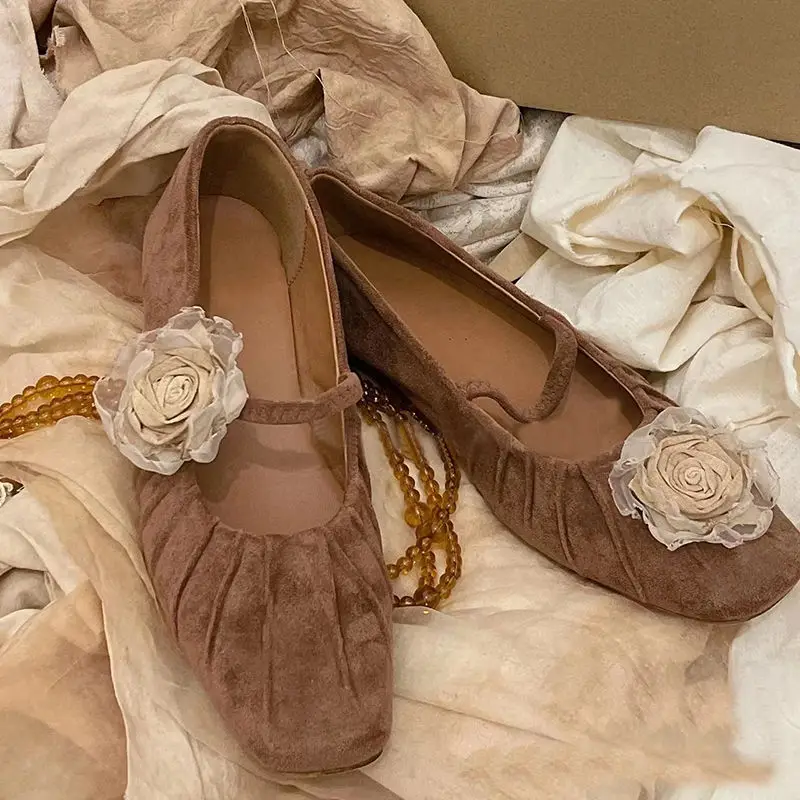 

French Style Flower 2023 Summer New Retro Ruffle Women Shoes Loafers Fashion All-match Flower Square Toe Elegant Slip-On Shoes