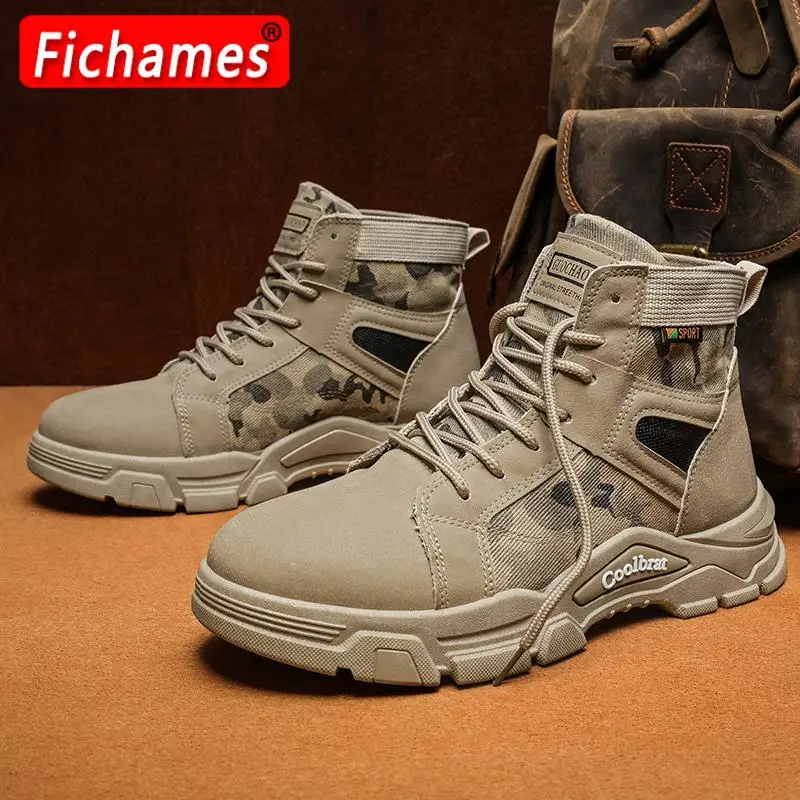 

Мужские ботинки, повседневные уличные ботинки для пустыни, осенняя модная камуфляжная обувь на платформе со шнуровкой, мужские боевые боти...