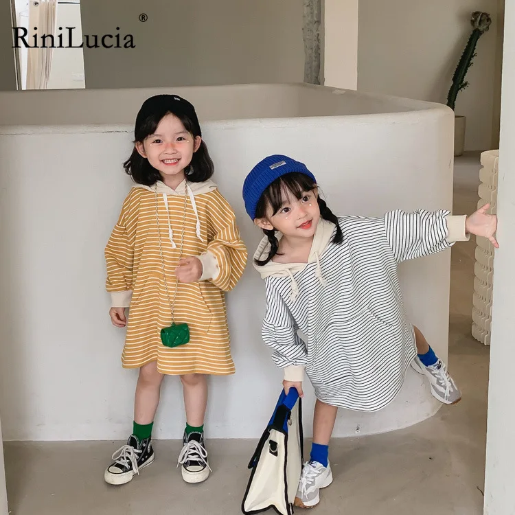 

RiniLucia Girls 2022 New Spring Dress Long Sleeve Stirped Hooded Dress Straight Dress Children Cute Dress Clothes for Baby Girl