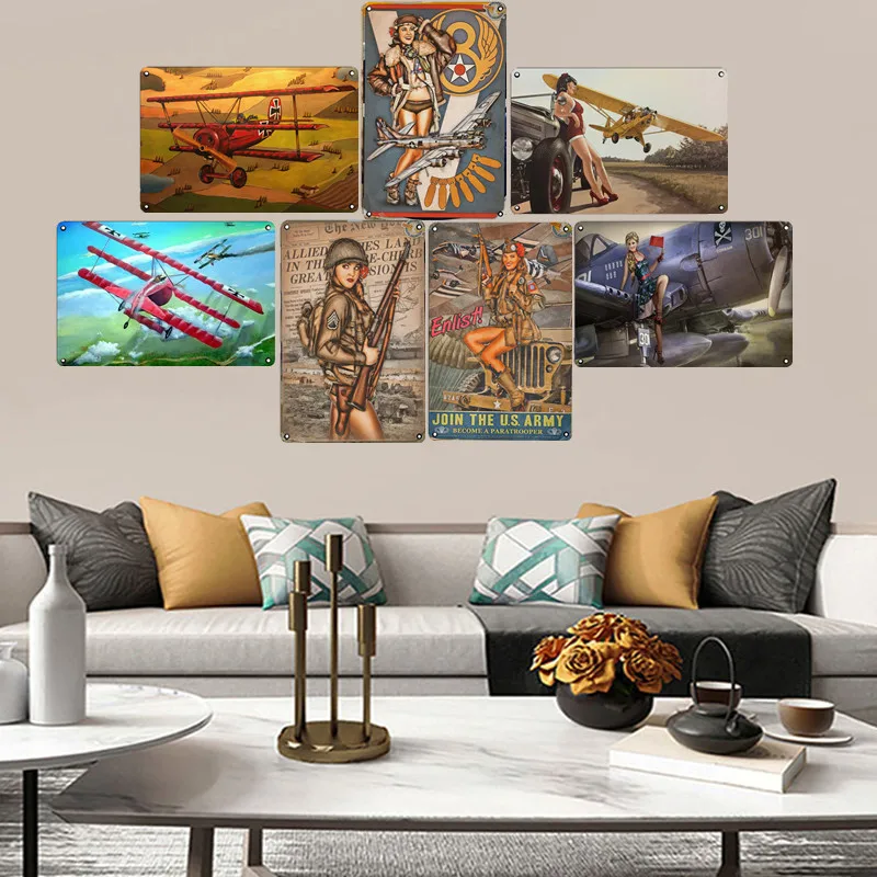 

Vintage Art Painting Metal Sign Retro Aeroplane Sexy Girl Club Bar Pub Tin Plate Rustic Bistro Restaurant Poster Wall Decor