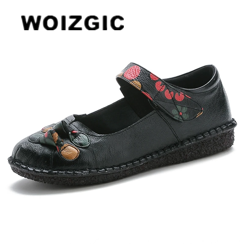 

WOIZGIC Female Ladies Mother Women Genuine Leather Shoes Sandals Flats Bowknot Flowers Retro Summer Beach Size 35-41 MLD-988