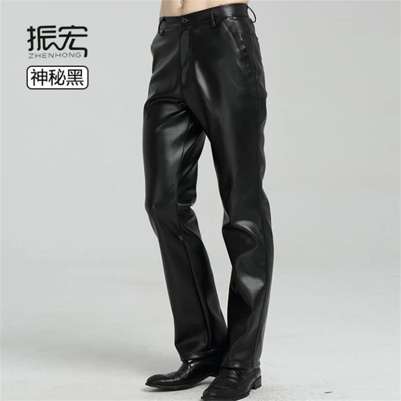 Loose motorcycle faux leather pants mens feet pants fashion Straight pu trousers for men personality pantalon homme black