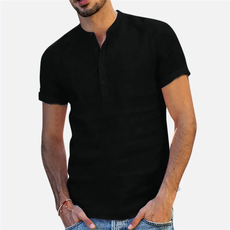 

2022 New 100% Cotton Linen Hot Sale Men's Long Sleeve Shirts Summer Thin Solid Color Stand Collar Casual Beach Style Plus Size