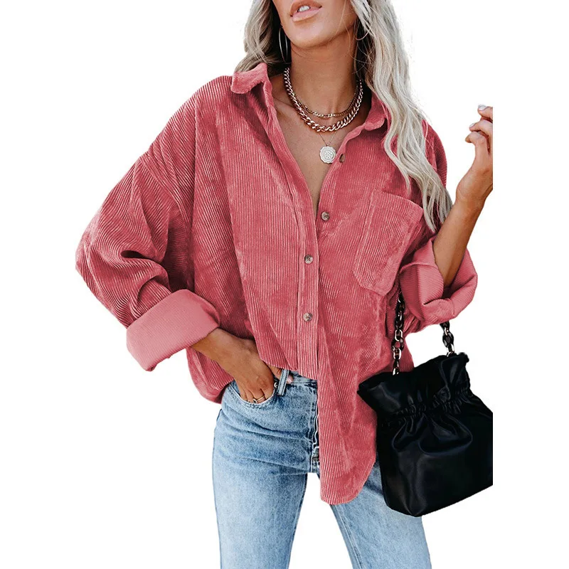 

2022 new autumn and winter women's corduroy shirt solid color lapel striped acetate stitching casual temperament commuter jacket