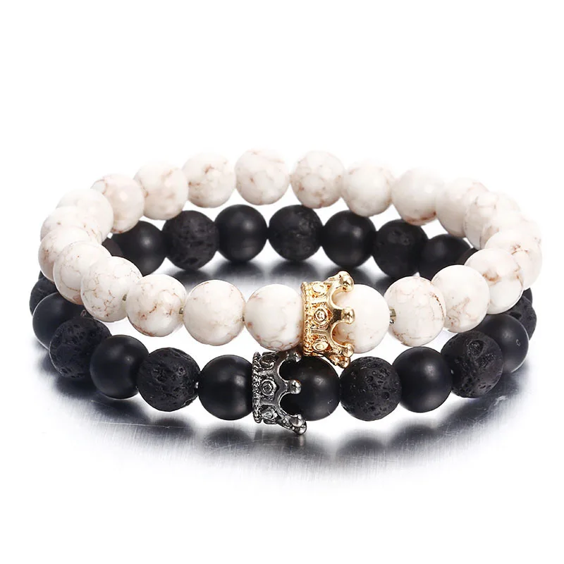 

8mm Volcanic Stone Bracelet Couples Distance Black White Natural Lava Stone Bracelets for Men Women Elastic Rope Jewelry Gift
