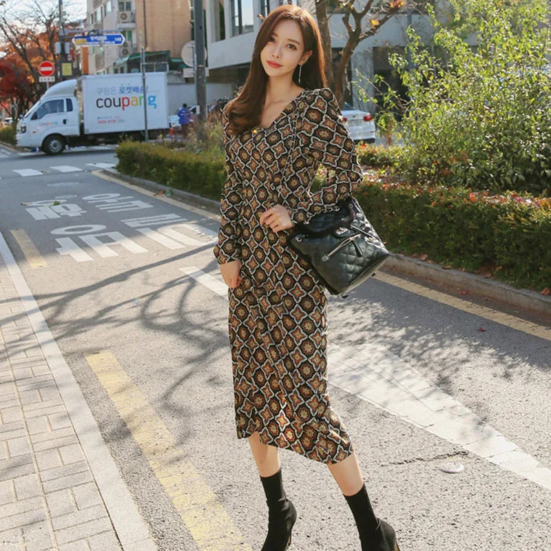 

COIGARSAM Women Long Dress Spring 2022 New Print High Waist V-Neck Dresses Dropshipping