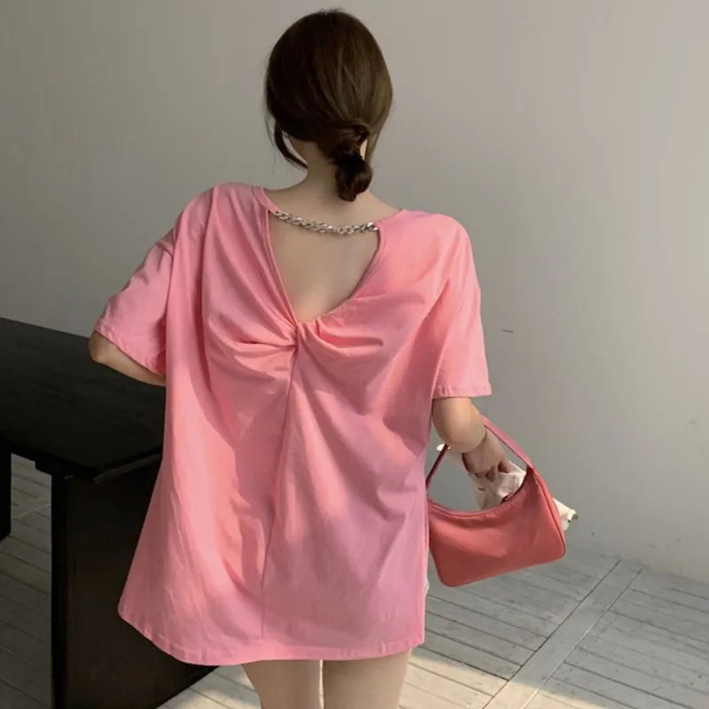 

New 2022 Summer Women Fashion Sexy Backless Top Female Ladies Short Sleeve Casual Loose Women T-Shirt