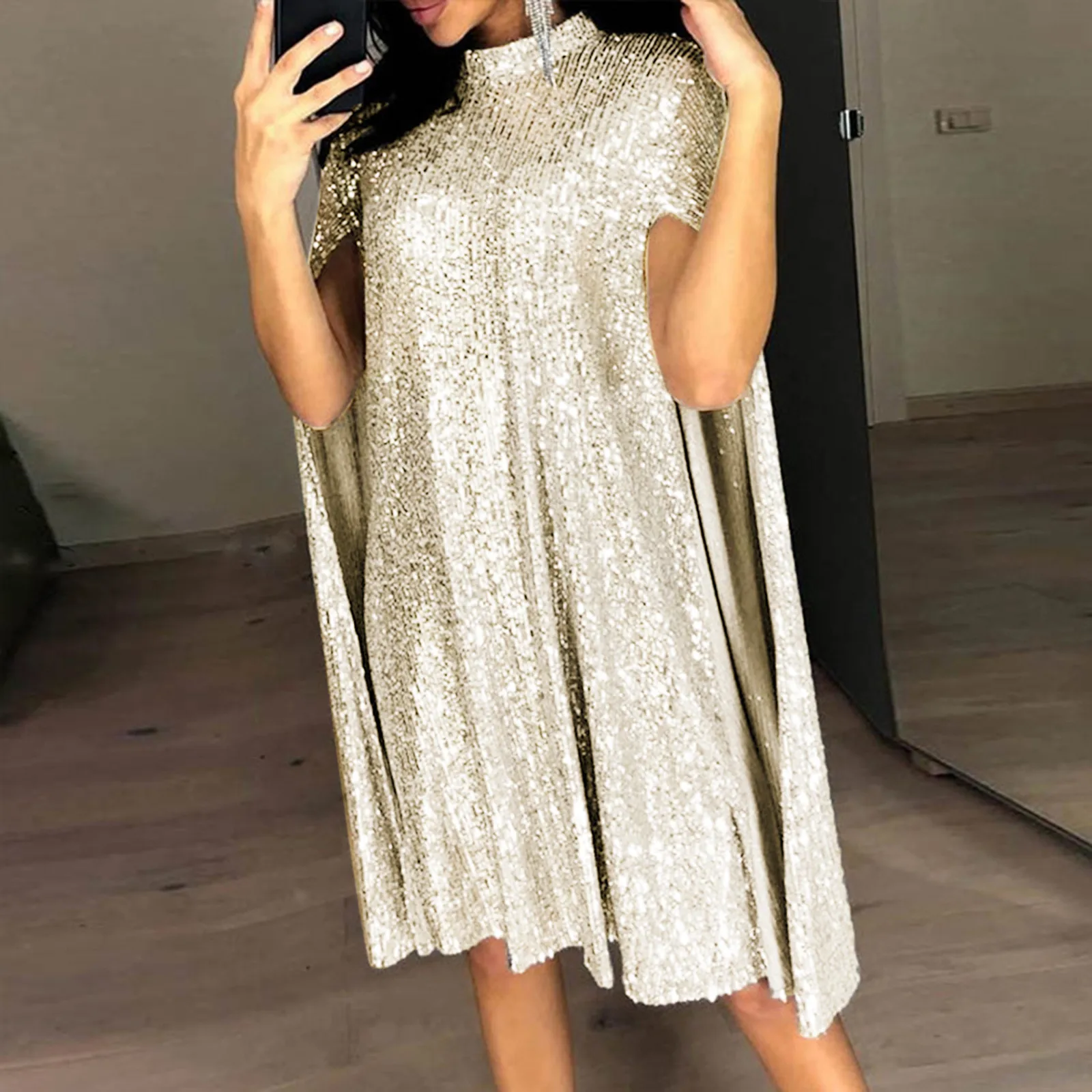 

Womens Puff Long Slit Sleeve Glitter Dress Evening Sparkly Loose Fit Mini Short Dresses Sequin Cocktail Party Dresses