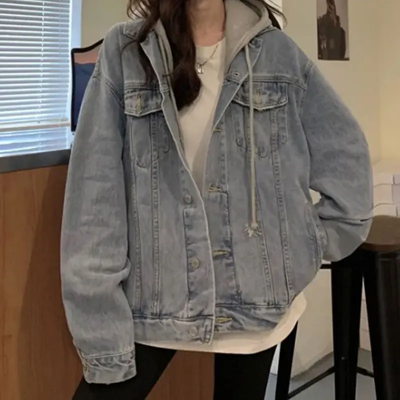 

Deeptown Harajuku Denim Jacket Women Vintage Oversized Jeans Jackets Korean Streetwear Hooded Y2k Coat 2023 New Outdoor Spring