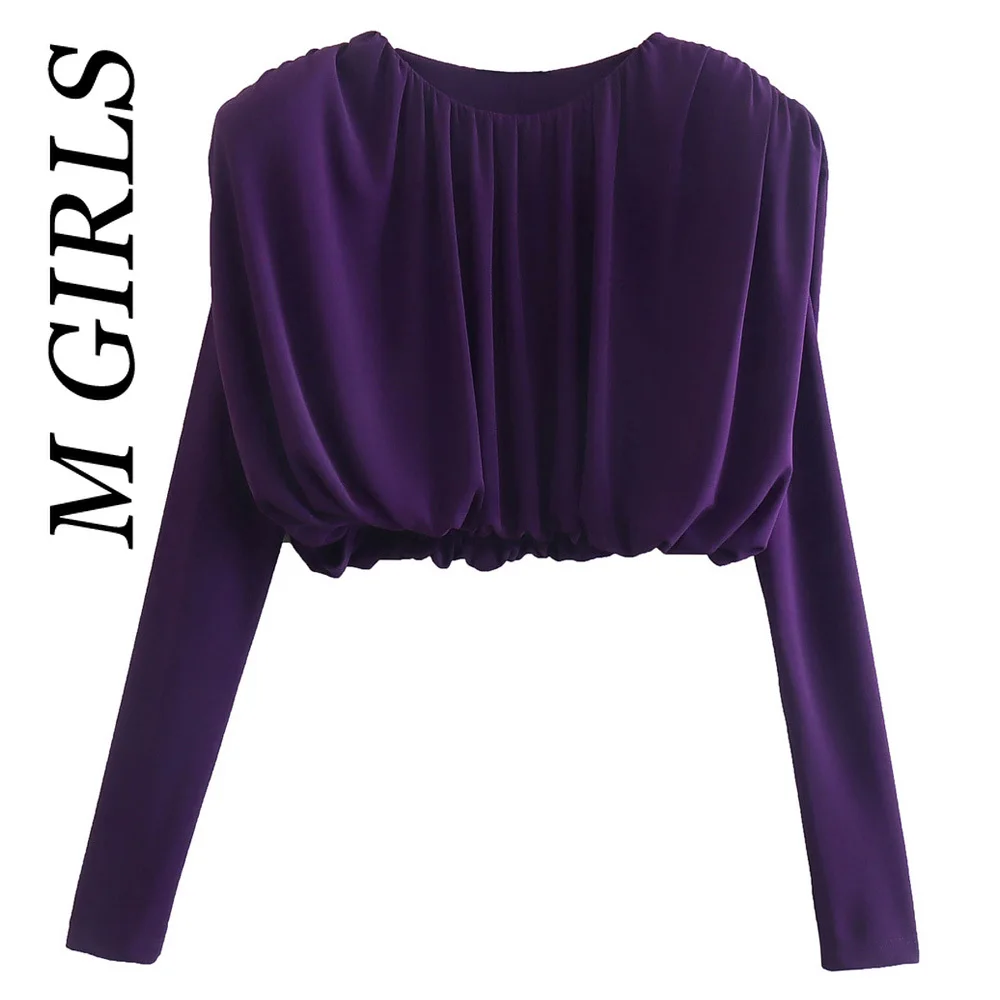 M GIRLS Women Fashion Pleated Cropped Blouses Vintage With Shoulder Pads Long Sleeve Female Shirts Blusas Chic Tops