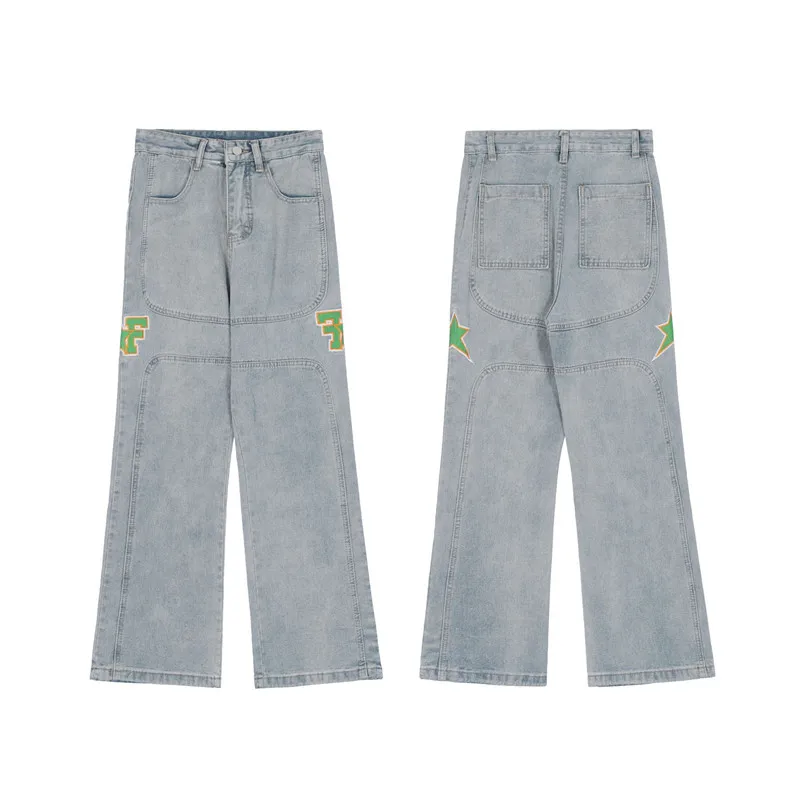 2022 High Street Letter Star Embroidery Vintage Baggy Men Flare Jeans Pants Washed Casual Women Loose Denim Trousers Ropa Hombre