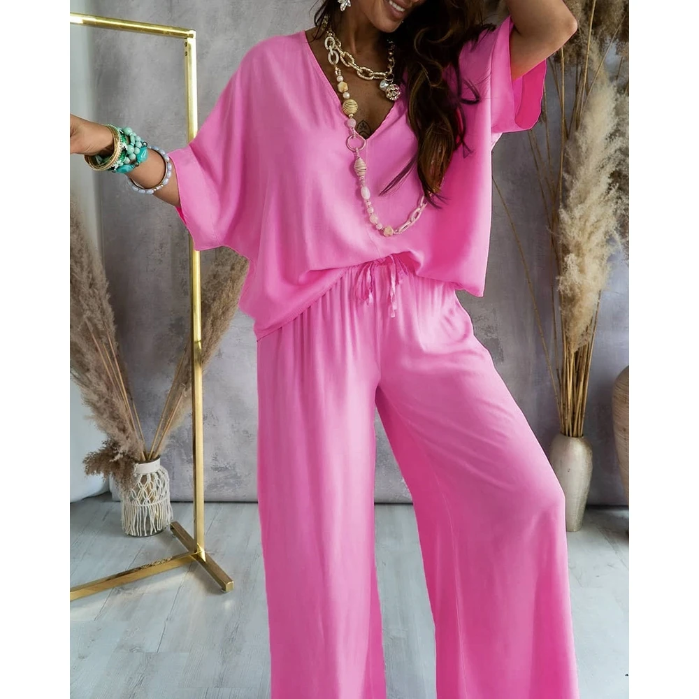 Autumn Women V-Neck Batwing Sleeve Top & High Waist Pants Set Solid Sleepwear Long Sleeve Two Pieces Homewear Casual Pajamas Set