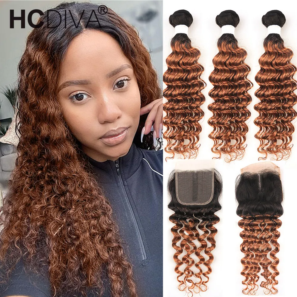 Brazilian Deep Wave Hair Bundles With Closure 3 bundles With Closure 10A Remy Human Hair Extension With 5x1 T Part Lace Closure