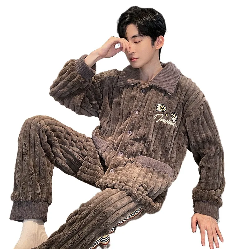 QUHENG Pajama Set Male Thicken Warm Flannel Long Sleeved Cartoon Men Winter Leisure Loose Home Cloth Autumn Loose Men Sleepwear