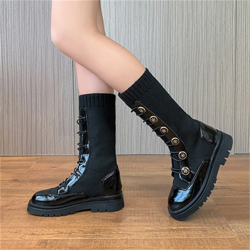 

New Girls High Boots Martin Princess Performance Children Autumn Winter Sock Warm Short Plush Student Kids Shoes 03