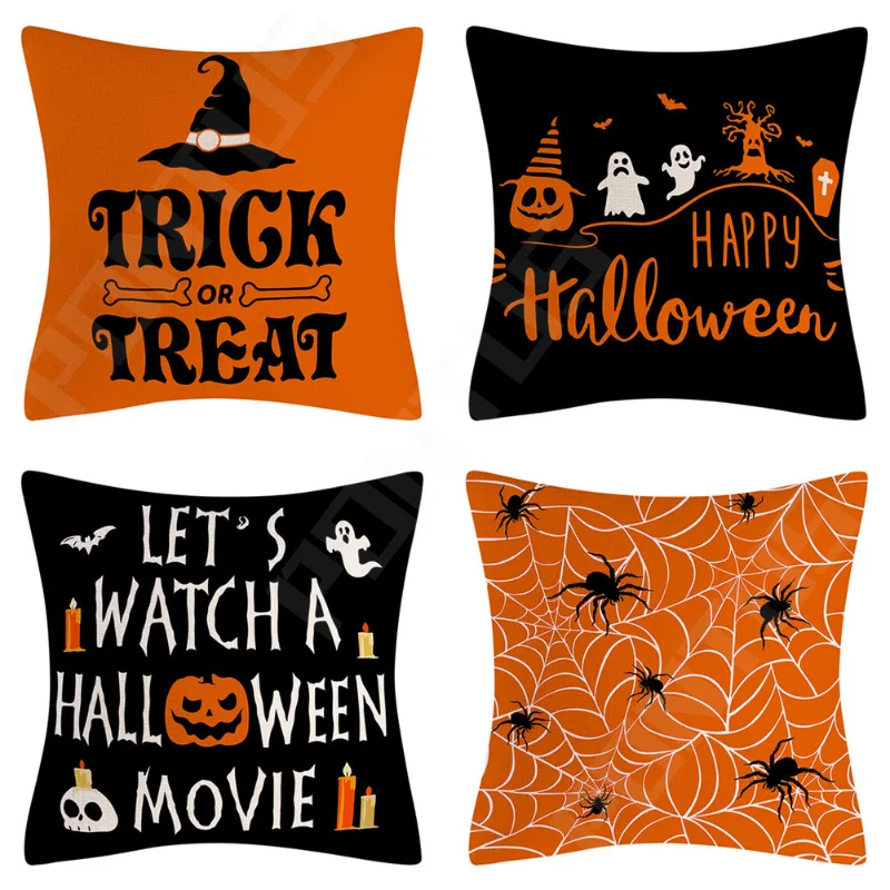 

2022 Linen Halloween Cushion Cover Trick or Treat Farmhouse Cat Pumpkin Witch Bat Ghost Throw Pillow Covers for Sofa Decor 45cm