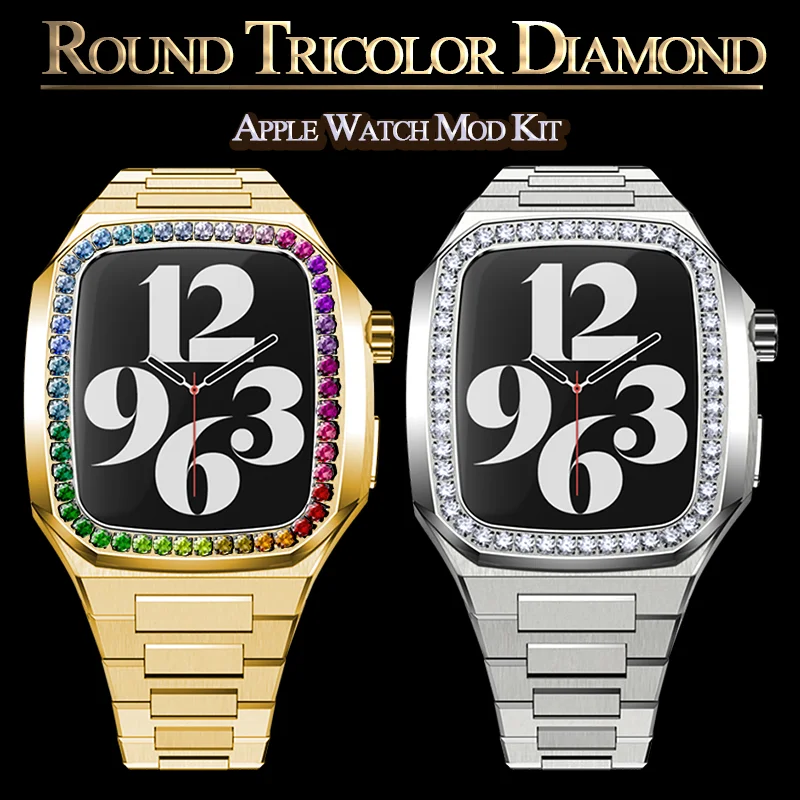

Diamond Modification Kit for Apple Watch 7 45mm Stainless Steel Case for Series Iwatch 6 5 4 SE 44MM Leather Band Luxury Frame