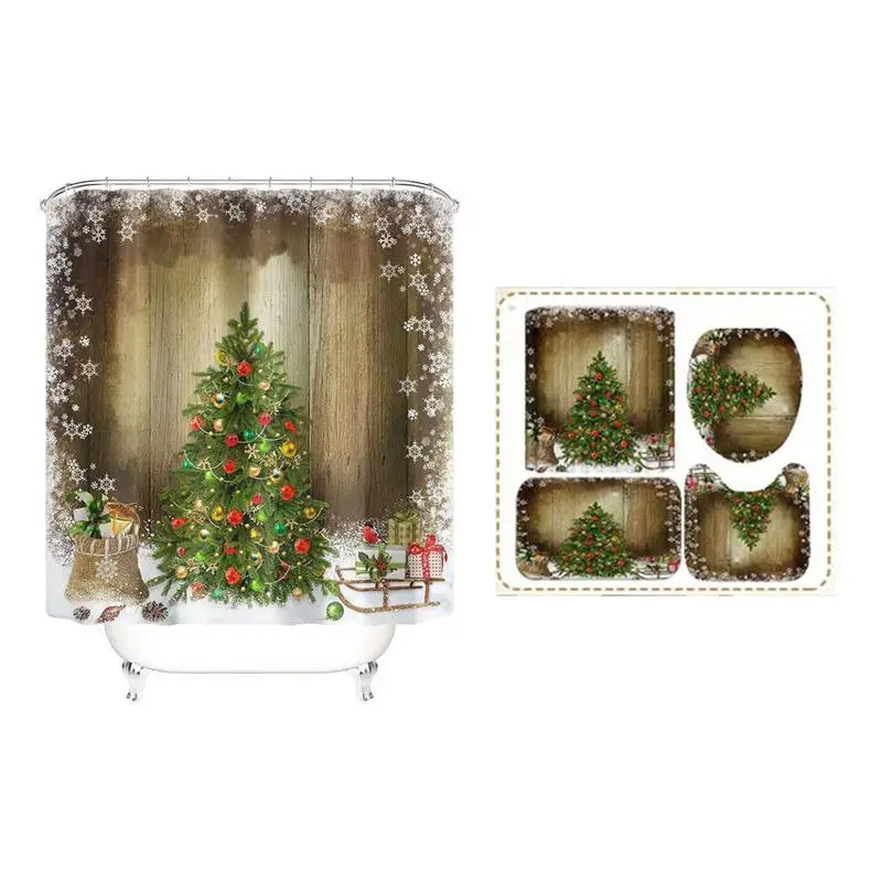 

Christmas Bolls Christmas Tree Windows Shower Curtains Waterproof Bathroom Curtain Toilet Cover Mat Rug Set For Bathtub Decor