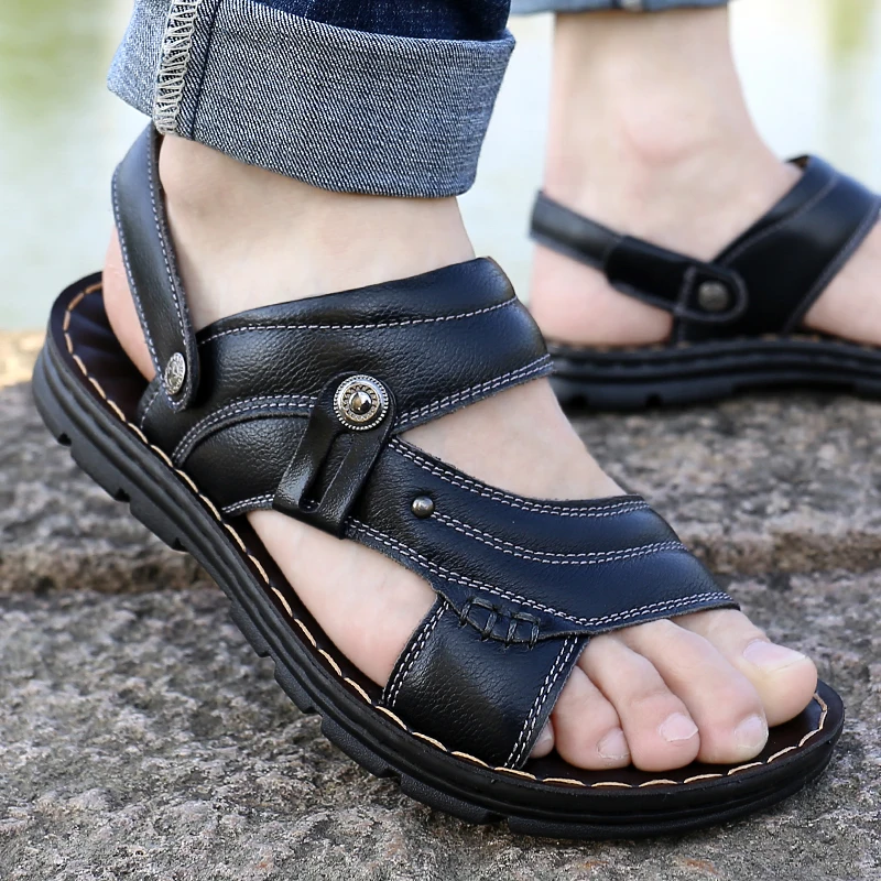 

Men's Summer New Sandals and Slippers Men's Leather Sandals Adult Thick-soled Beach Shoes Non-slip Open-toe Leather Sandals