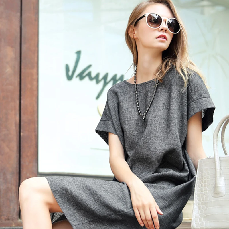 

European and American Style Short Sleeve round Neck Fatmm- with Belt Bottoming Skirt Mid-Length Loose Slimming Dress Fashion